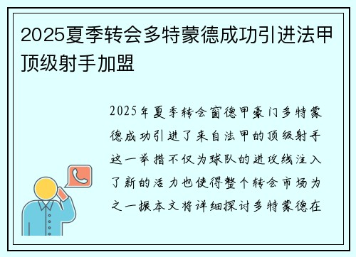 2025夏季转会多特蒙德成功引进法甲顶级射手加盟